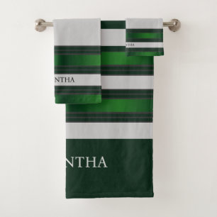 Emerald Green And Grey Geometric Stripes Name Bath Towel Set