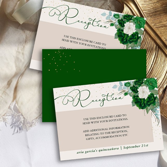 Emerald Green and Ivory Rose Reception Enclosure Card (Quinceanera Reception Card from the Royal Rose Emerald Green Quinceanera Collection by Darling & May)