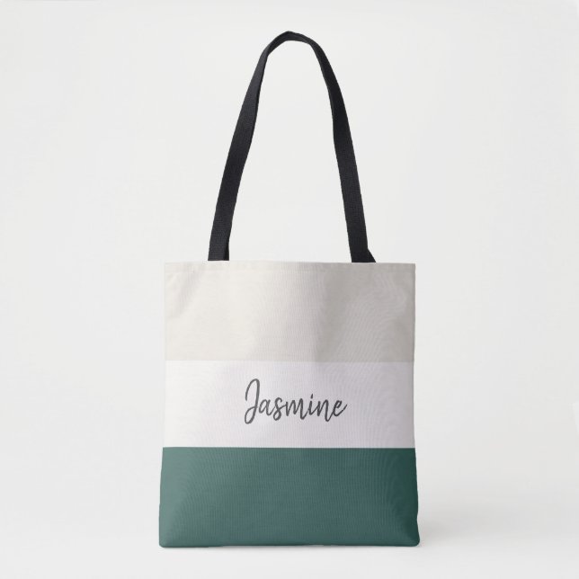 Emerald Green and Neutral stripes personalize name Tote Bag (Front)