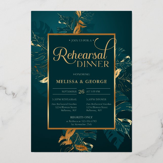 Emerald green and real gold foil rehearsal dinner (Front)