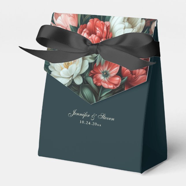 Emerald Green and Red Tulip Wedding Favor Box (Front Side)
