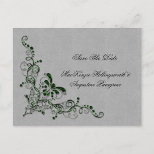 Emerald Green and Silver Enbellished Swirls Save T Announcement Postcard