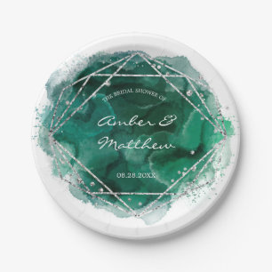 Emerald Green and Silver Geometric Wedding Paper Plate