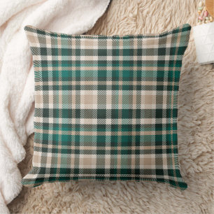 Emerald Green and Tan Plaid Christmas Throw Pillow
