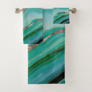 Emerald green and taupe marble bath towel set