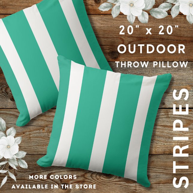 Emerald Green And White Bold Stripe  Outdoor Pillow (Emerald green And White Outdoor Striped Throw Pillows 20" x 20")