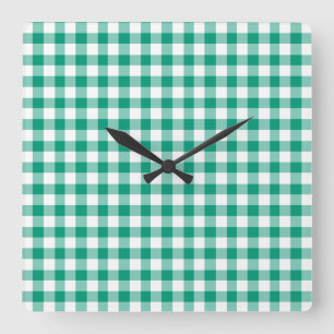 Emerald Green And White Checks Gingham Square Wall Clock