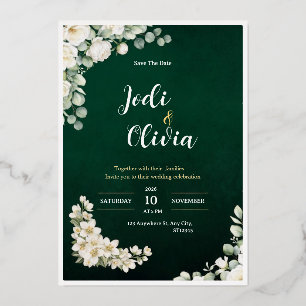 Emerald Green and White Floral Wedding Invitation