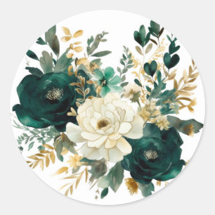Emerald Green and White Gold Peonies Wedding Classic Round Sticker