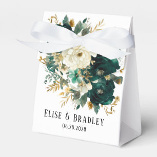 Emerald Green and White Gold Peonies Wedding Favor Box