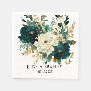 Emerald Green and White Gold Peonies Wedding Napkin