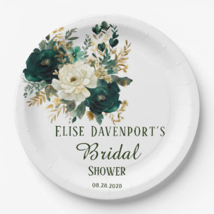 Emerald Green and White Gold Peonies Wedding Paper Plate