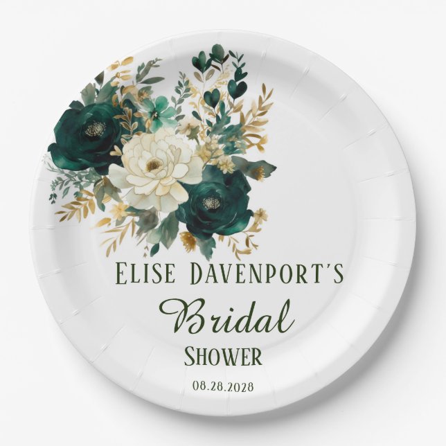 Emerald Green and White Gold Peonies Wedding Paper Plate (Front)