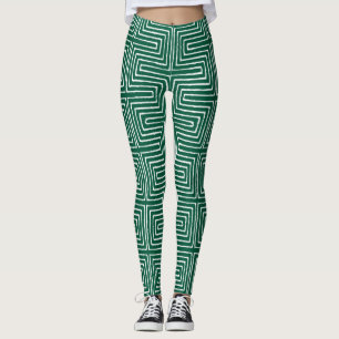 Emerald Green and White Maze African Mud Cloth Leggings