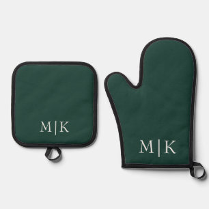 Emerald Green and White Modern Monogram Oven Mitt & Pot Holder Set