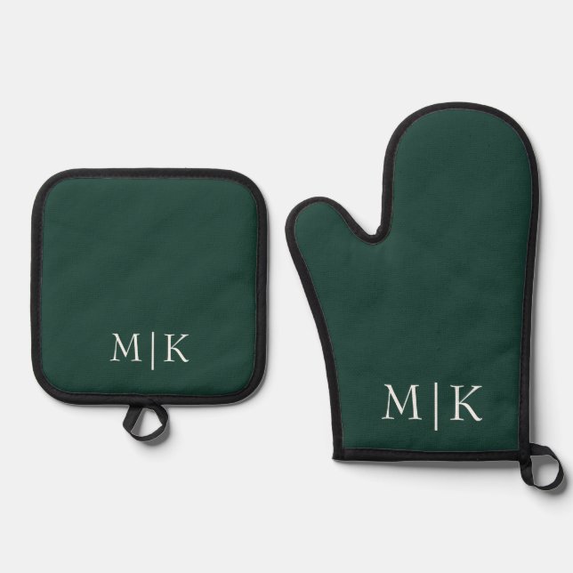 Emerald Green and White | Modern Monogram Oven Mitt & Pot Holder Set (Front)