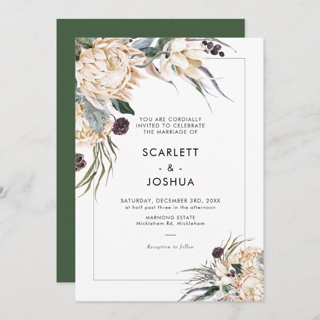 Emerald Green and White Protea Wedding Invitation (Front/Back)