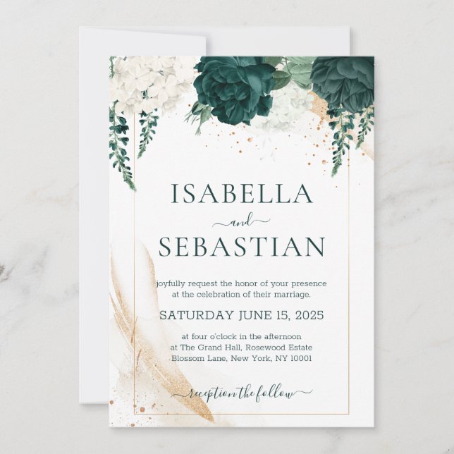 Emerald Green and White Rose Floral BUDGET Invitation (Front)