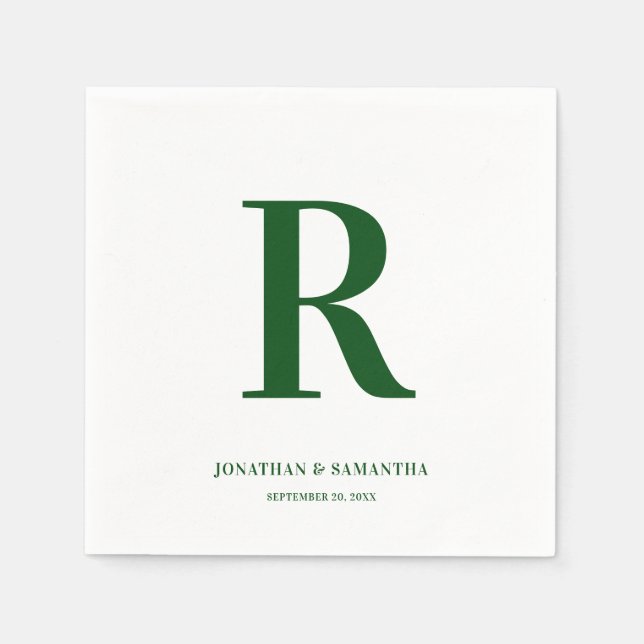 Emerald Green and White Wedding Monogram Modern Napkin (Front)