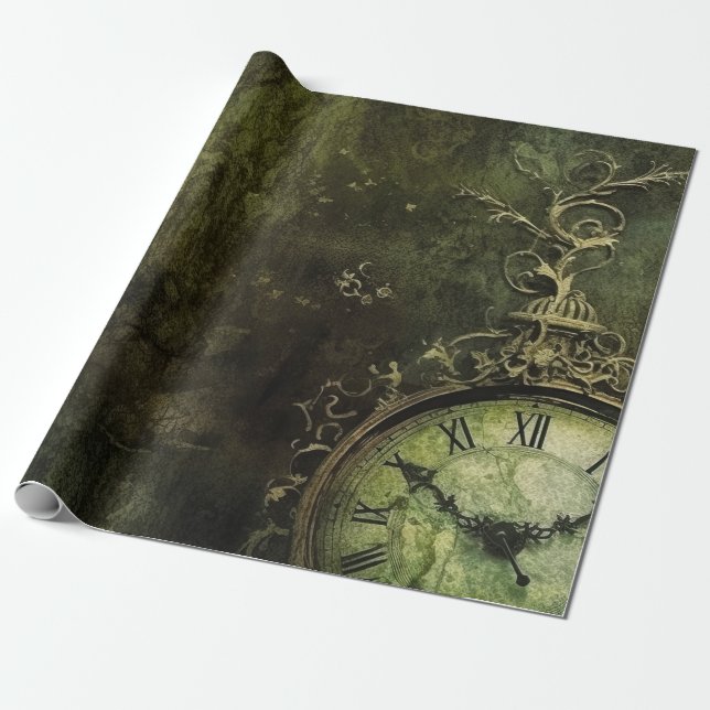 Emerald Green Antique Clockwork Aesthetic Wrapping Paper (Unrolled)