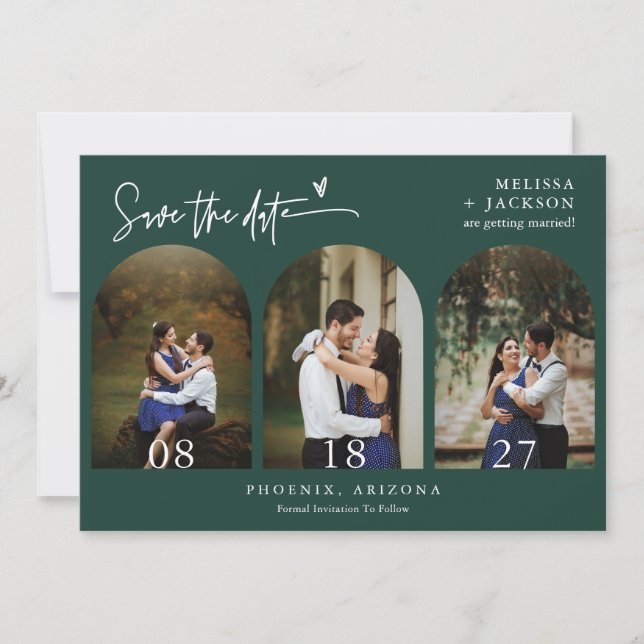 Emerald Green Arch Photo QR Code Save the Date Invitation (Front)