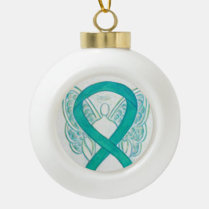 Emerald Green Awareness Ribbon Guardian Angel Ceramic Ball Christmas Ornament