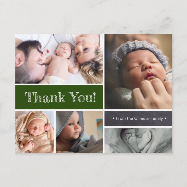 Emerald green Baby Photos Thank You Postcard (Front)