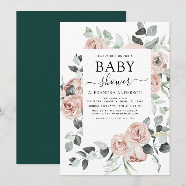 Emerald Green Baby Shower Floral Greenery Invitation (Front/Back)