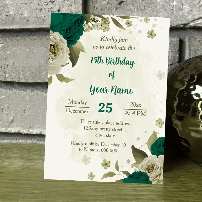 emerald green beige flowers birthday invitation (Creator Uploaded)