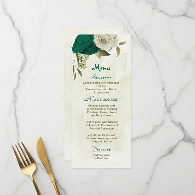 emerald green beige flowers botanical wedding menu (Front/Back In Situ)