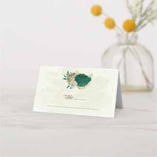 emerald green beige flowers botanical wedding place card