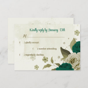 emerald green beige flowers botanical wedding RSVP card