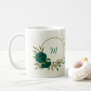 emerald green beige flowers  coffee mug