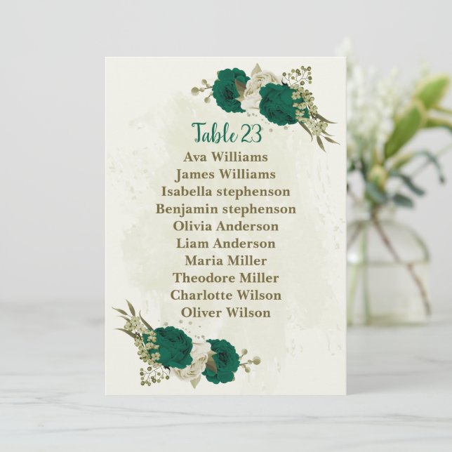 emerald green beige flowers seating chart card (Standing Front)