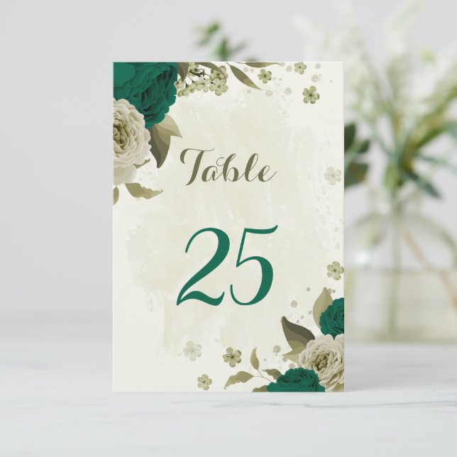 emerald green beige flowers table number card (Standing Front)