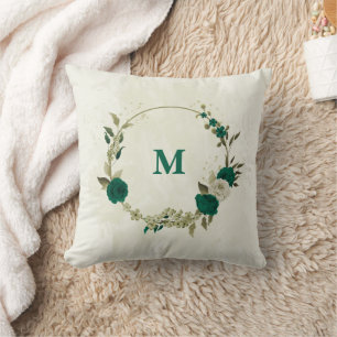 emerald green beige flowers throw pillow