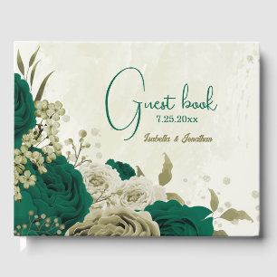 emerald green beige flowers wedding  guest book