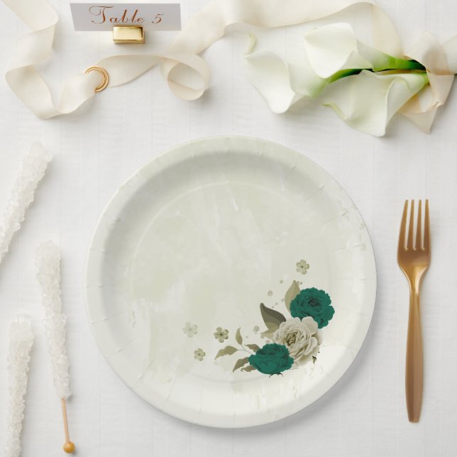 emerald green beige flowers wedding paper plate (Wedding)