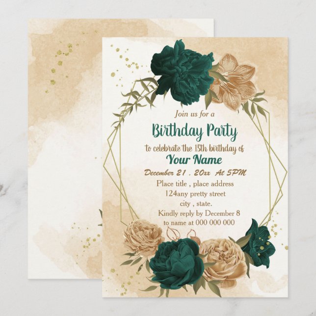 Emerald green beige gold botanical birthday invitation (Front/Back)