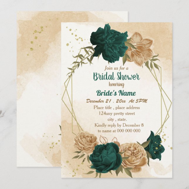 Emerald green beige gold botanical bridal shower invitation (Front/Back)