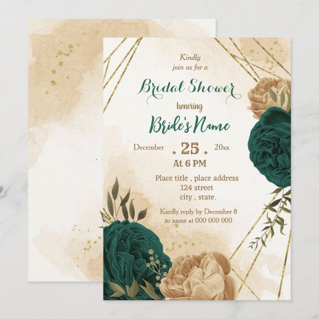 Emerald green beige gold botanical bridal shower invitation (Front/Back)