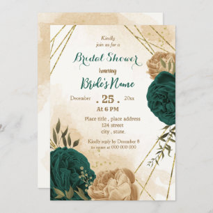 Emerald green beige gold botanical bridal shower invitation