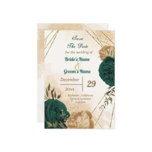 Emerald green beige gold botanical save the date