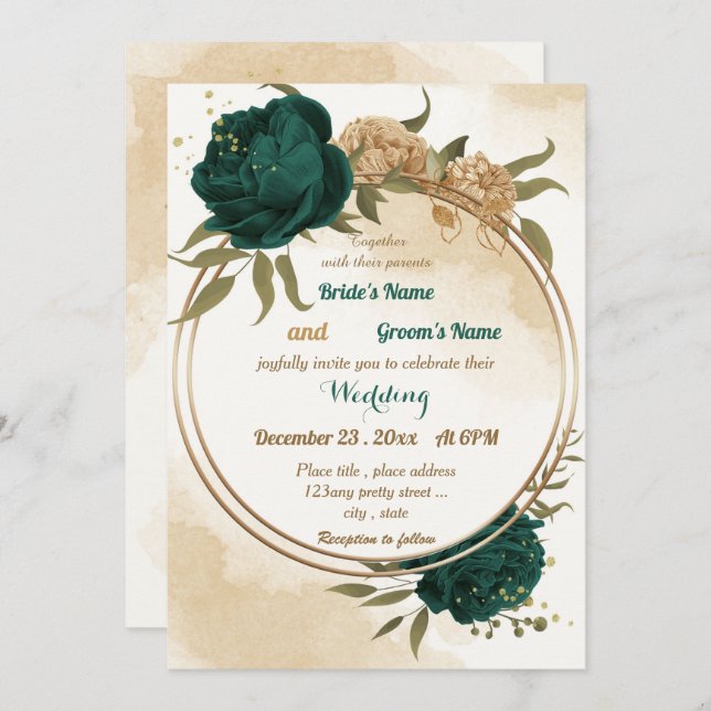 Emerald green beige gold botanical wedding invitation (Front/Back)