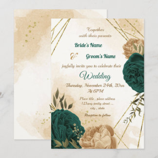 Emerald green beige gold botanical wedding invitation