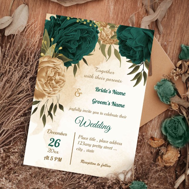 Emerald green beige gold botanical wedding invitation (Creator Uploaded)