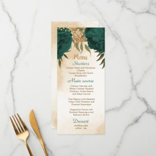 Emerald green beige gold botanical wedding menu
