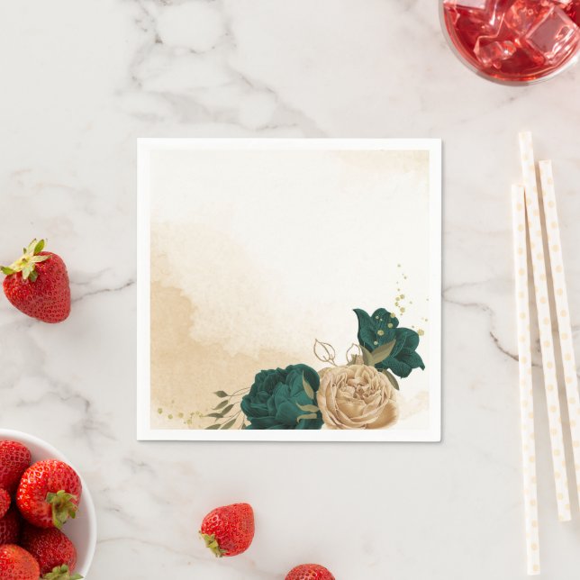 Emerald green beige gold botanical wedding napkin (Insitu)