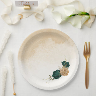 Emerald green beige gold botanical wedding paper plate