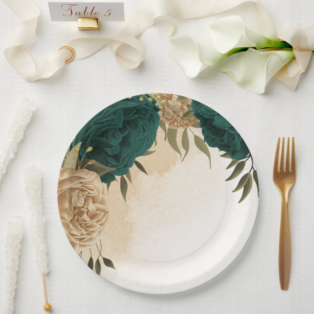 Emerald green beige gold botanical wedding paper plate (Wedding)
